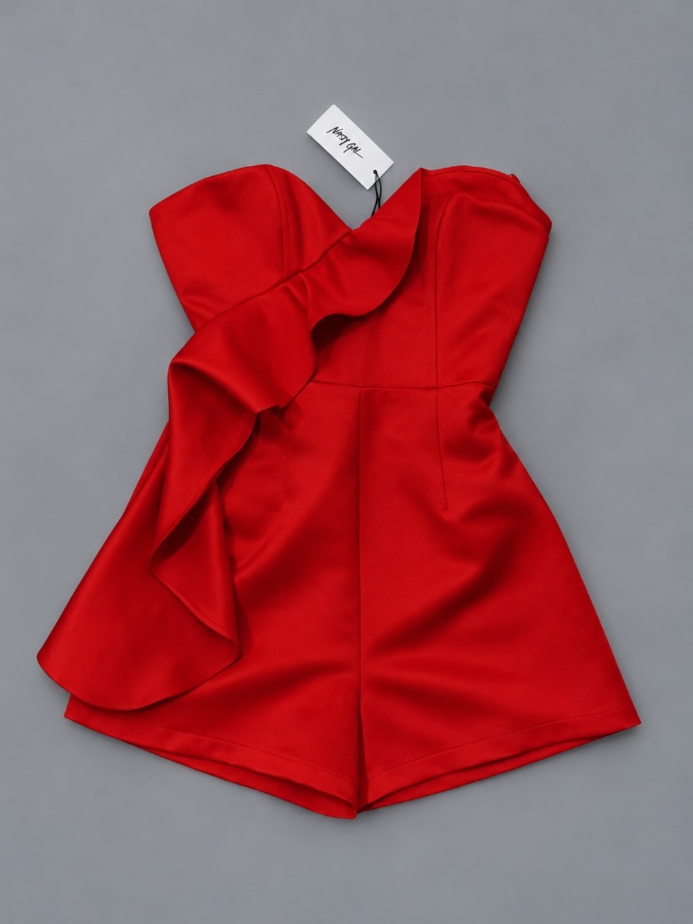 Nasty Gal Red Satin Ruffle Strapless Romper Size 4 NWT